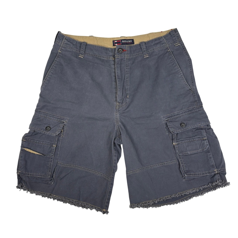 Bugle Boy Cargo Shorts Mens 34 Blue Grey Utility Y2K Raw Hem Cotton Workwear